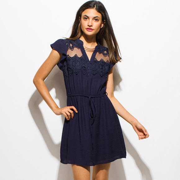 Dresses & Skirts - NEW Navy Blue mesh lace tie waist mini dress